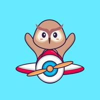 Cute owl flying on a plane. Animal cartoon concept isolated. Can used for t-shirt, greeting card, invitation card or mascot. Flat Cartoon Style vector