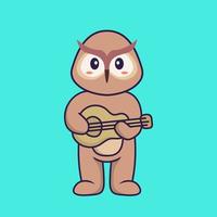 Cute owl playing guitar. Animal cartoon concept isolated. Can used for t-shirt, greeting card, invitation card or mascot. Flat Cartoon Style vector