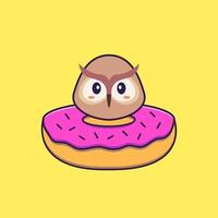 Cute owl with a donut on his neck. Animal cartoon concept isolated. Can used for t-shirt, greeting card, invitation card or mascot. Flat Cartoon Style