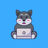 Cute fox using laptop. Animal cartoon concept isolated. Can used for t-shirt, greeting card, invitation card or mascot. Flat Cartoon Style vector