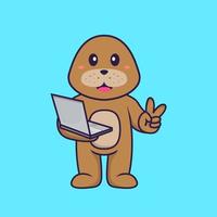 Cute dog holding laptop. Animal cartoon concept isolated. Can used for t-shirt, greeting card, invitation card or mascot. Flat Cartoon Style vector