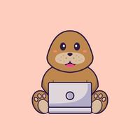 Cute dog using laptop. Animal cartoon concept isolated. Can used for t-shirt, greeting card, invitation card or mascot. Flat Cartoon Style vector