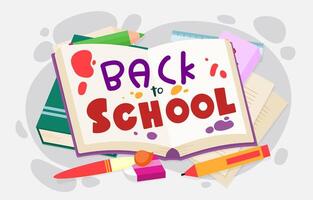 Welcome Back to school with funny school characters flat vector illustration.