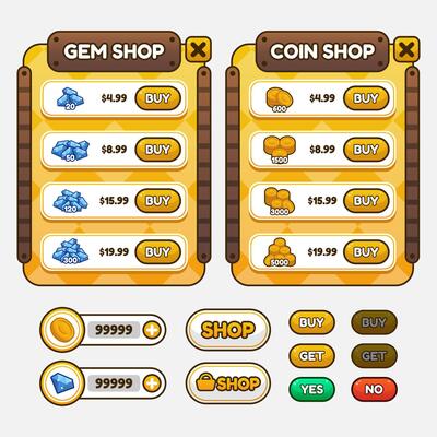 Vector game template gui kit. Game graphical user Interface GUI for build web and mobile games and apps.