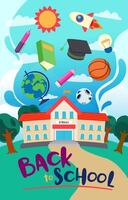 Welcome Back to school with funny school characters flat vector illustration.