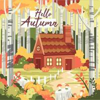 Autumn forest landscape. Seasonal countryside scenery Cozy cabin vector