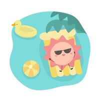 Sun lie on floating raft in summer holidays cartoon vector