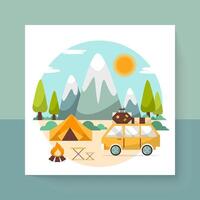 Escena de viaje con camping en el bosque de la naturaleza en vector de verano