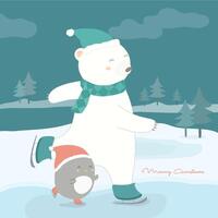 Merry Christmas with white bears and penguins walking on snow-capped mountains. vector