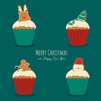 feliz navidad con un cupcake con santa claus, renos y muñeco de nieve. vector