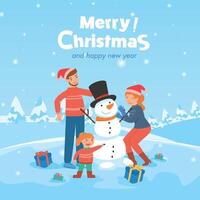 Parent and child in winter with snowman vector