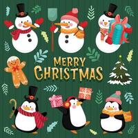 Merry Christmas icon with snowman, pine, leaves, gift boxes and penguins. vector