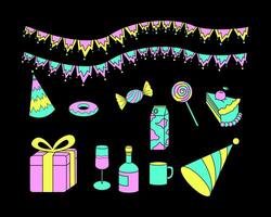 gran paquete de elementos vectoriales aislados para la decoración y calibración de la fiesta de cumpleaños, ilustración de icono de vector plano colorido