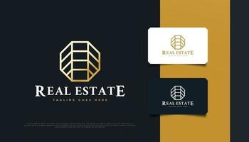 Real Estate Logo Design with Gold Octagonal Concept in Line Style. Construction, Architecture or Building Logo Design vector