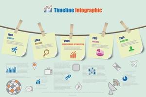 plantilla de diseño, plantilla de informe infográfico de línea de tiempo colgando de una cuerda con pinza para la ropa, ilustración vectorial vector