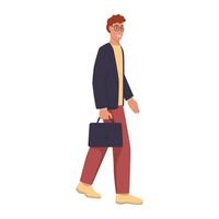 A young man with glasses and a briefcase is walking down the street. Flat vector illustration.
