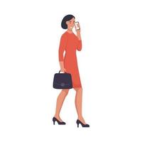 A business woman with a briefcase is talking on the phone and walking down the street. vector