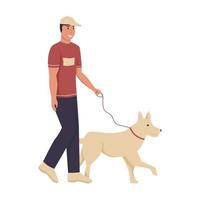 A young man walks with a dog on the street. Flat vector illustration.