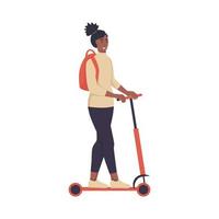 A young African-American girl rides an electric scooter on the street. Flat vector illustration.