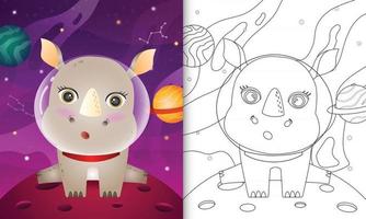 coloring book for kids with a cute rhino in the space galaxy vector