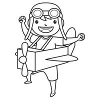 Child Character Wearing Pilot Hat Playing With Toy Plane Made of Cardboard. Black and White Color. Coloring Book Illustration. vector