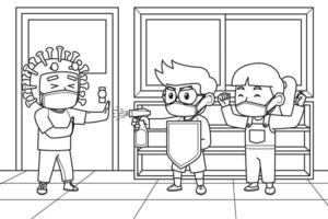 Children's Doing a Drama Show About Fighting Covid-19 in The School Hallway. Coloring Book Illustration. Vector Illustration.