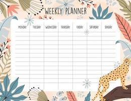 Weekly planner template. Tropical cheetah background, hand drawn illustrations. vector