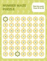 Math number maze puzzle. Prinatble math worksheet page. vector