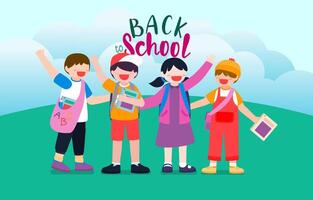 Welcome Back to school with funny school characters flat vector illustration.