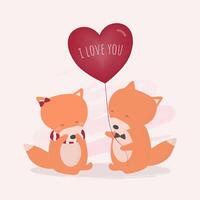 The fox lover give heart balloon cute cartoon romantic couple vector