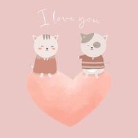 lovely cat and couple  sweet on big heart cute cartoon animal in love vector