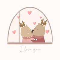 Lovely deer couple hug and kiss near window cute cartoon animal in love vector