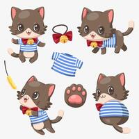 Happy cat with activity in cartoon character bundle flat vector