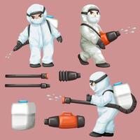 Bundle cartoon character with man in protective workwear and spraying element vector