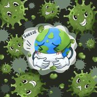 cartoon characters with sick earth and coronavirus icon vector