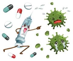 personajes de dibujos animados con medicina luchando contra el virus corona vector