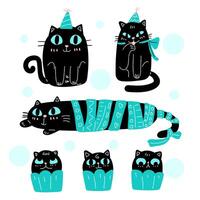 gran paquete de elementos vectoriales aislados para la decoración y calibración de la fiesta de cumpleaños del gato, ilustración de icono de vector plano colorido