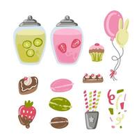 Big bundle of isolated vector elements for birthday party food, decoration and calibration, flat Colorful vector icon illustration