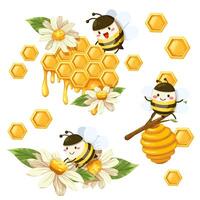 bundle of isolated cute bee and honeycomb in cartoon characters collection vector