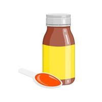 Cough syrup in bottle and spoon with poured doze isolated on white background. Liquid medicine for sore throat, cold, flu and other respiratory tract infection vector