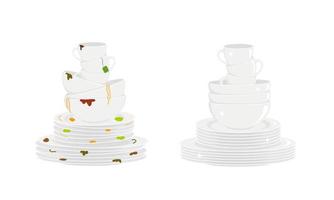 Stacks of dirty and clean dishes isolated on white background. Plates, bowls and cups before and after washing vector