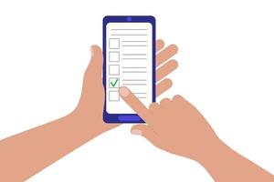 concepto de cuestionario en línea, cuestionario, encuesta. mano que sostiene el teléfono móvil, el dedo índice tocando la pantalla vertical y la opción de marcado vector