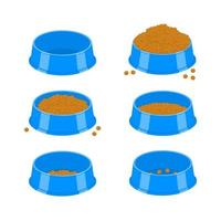 Dog or cat food bowls set. Pet plastic plates empty and full with dry food