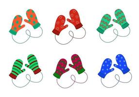 Pair of knitted mittens set. Woolen christmas mittens with different patterns vector