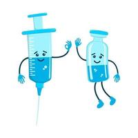 Cute cartoon syringe and vaccine characters isolated on white background. Medicine or vaccination theme for kids vector
