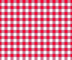 Red and white checkered background with striped squares for picnic blanket, tablecloth, plaid, shirt textile design. Gingham seamless pattern. Fabric geometric texture vector
