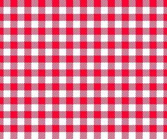 Red and white checkered background with striped squares for picnic blanket, tablecloth, plaid, shirt textile design. Gingham seamless pattern. Fabric geometric texture vector