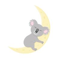 lindo koala durmiendo en la luna. Dulce personaje de oso australiano en estilo infantil para diseño de fiesta de guardería o baby shower, tarjeta de felicitación o invitación vector