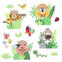 un conjunto de ilustración de viaje de aventura animal vector aislado grande, estilo dibujado a mano, concepto de senderismo y camping con elementos de viaje sobre fondo blanco.