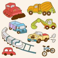 Set of big isolated hand drawn doodle of car, train and construction vehicles in kid concept, colorful flat vector illustration